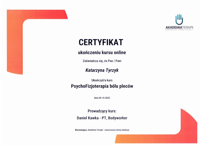 certyfikat psychofizjoterapia Katarzyna Tyrzyk