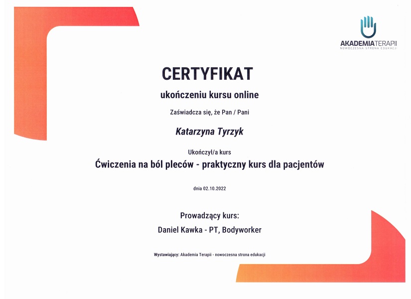 certyfikat ćwiczenia na ból pleców Katarzyna Tyrzyk