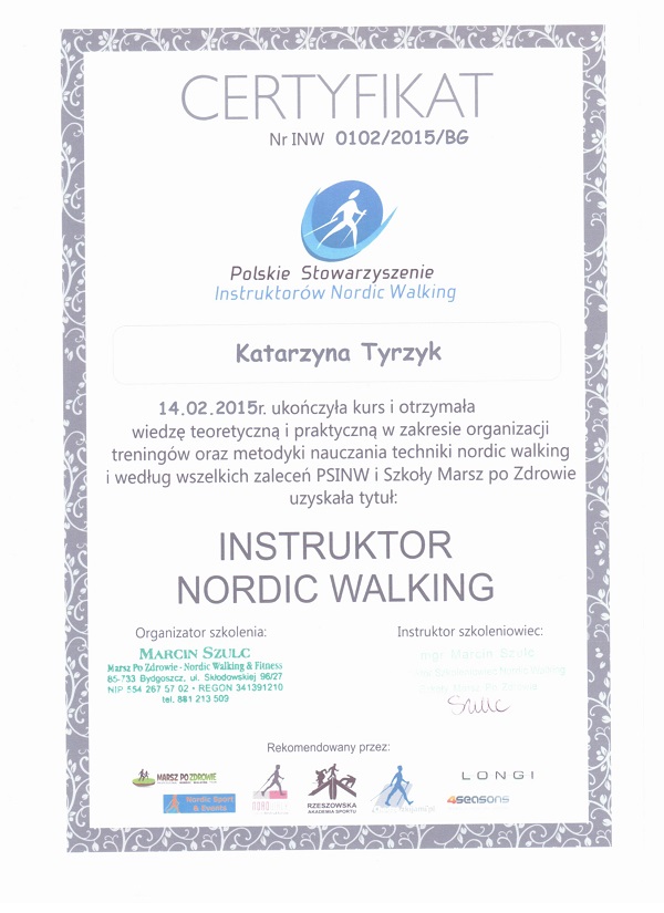 certyfikat nordic walking Katarzyna Tyrzyk