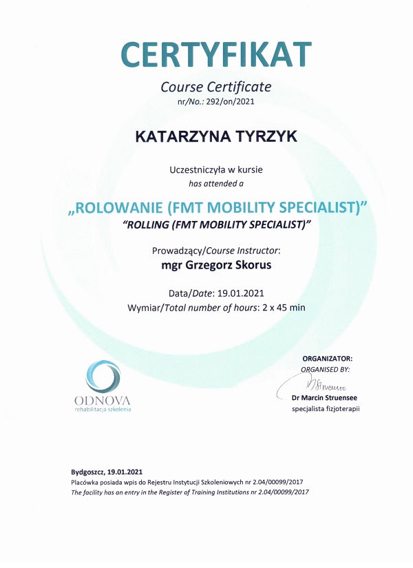 certyfikat roll rolowanie Katarzyna Tyrzyk